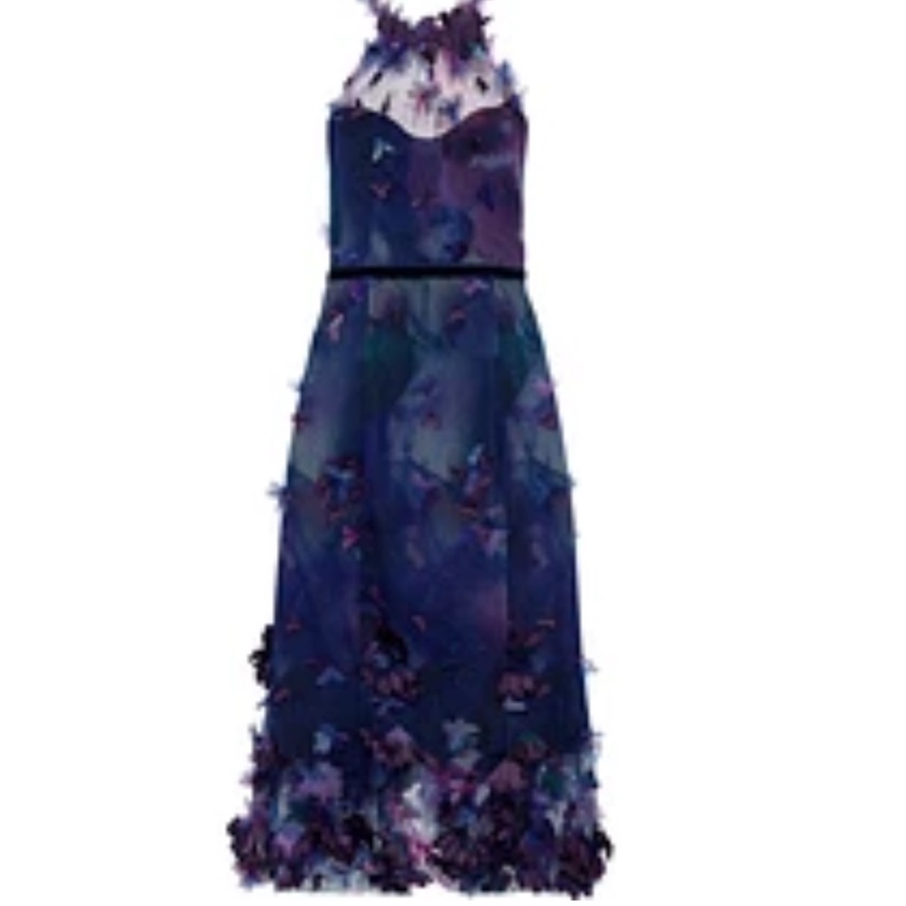 Appliquéd printed tulle halterneck midi dress